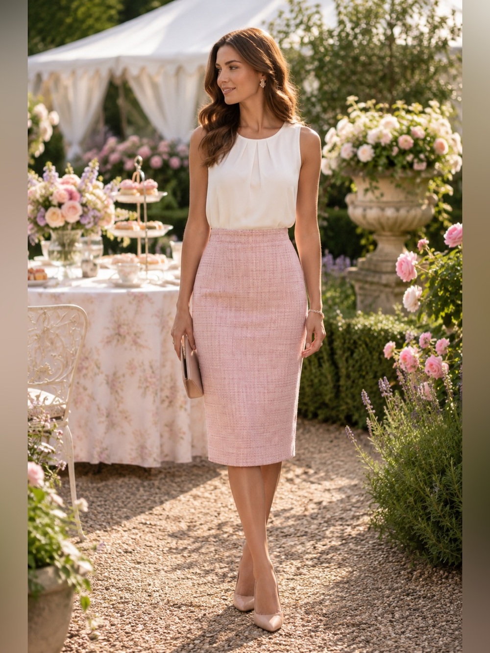 Pink Tweed Pencil Skirt Garden Party Afternoon Wedding Guest US 10-12